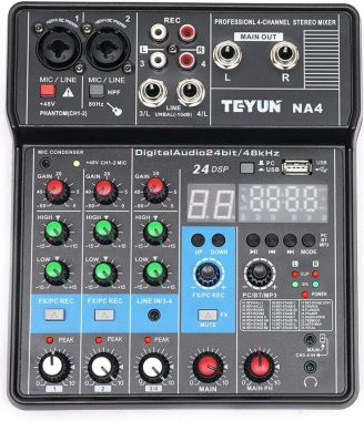 4 Channel Mixing Console Audio Mixer Bluetooth USB MP3 Live Studio Mixer with Sound Card and Built-in 48V Phantom Power Stereo DJ Studio Streaming
