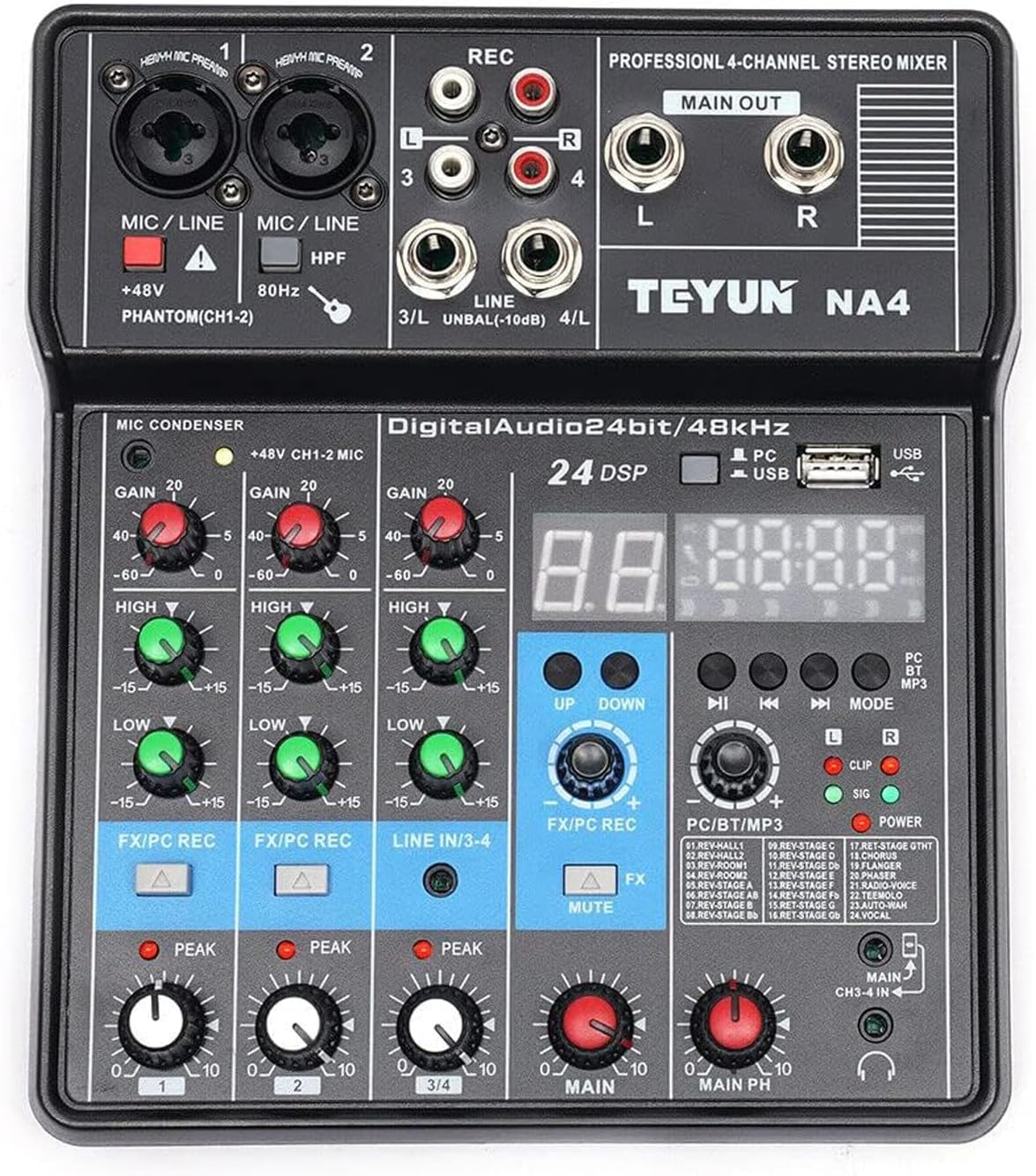 4 Channel Mixing Console Audio Mixer Bluetooth USB MP3 Live Studio Mixer with Sound Card and Built-in 48V Phantom Power Stereo DJ Studio Streaming