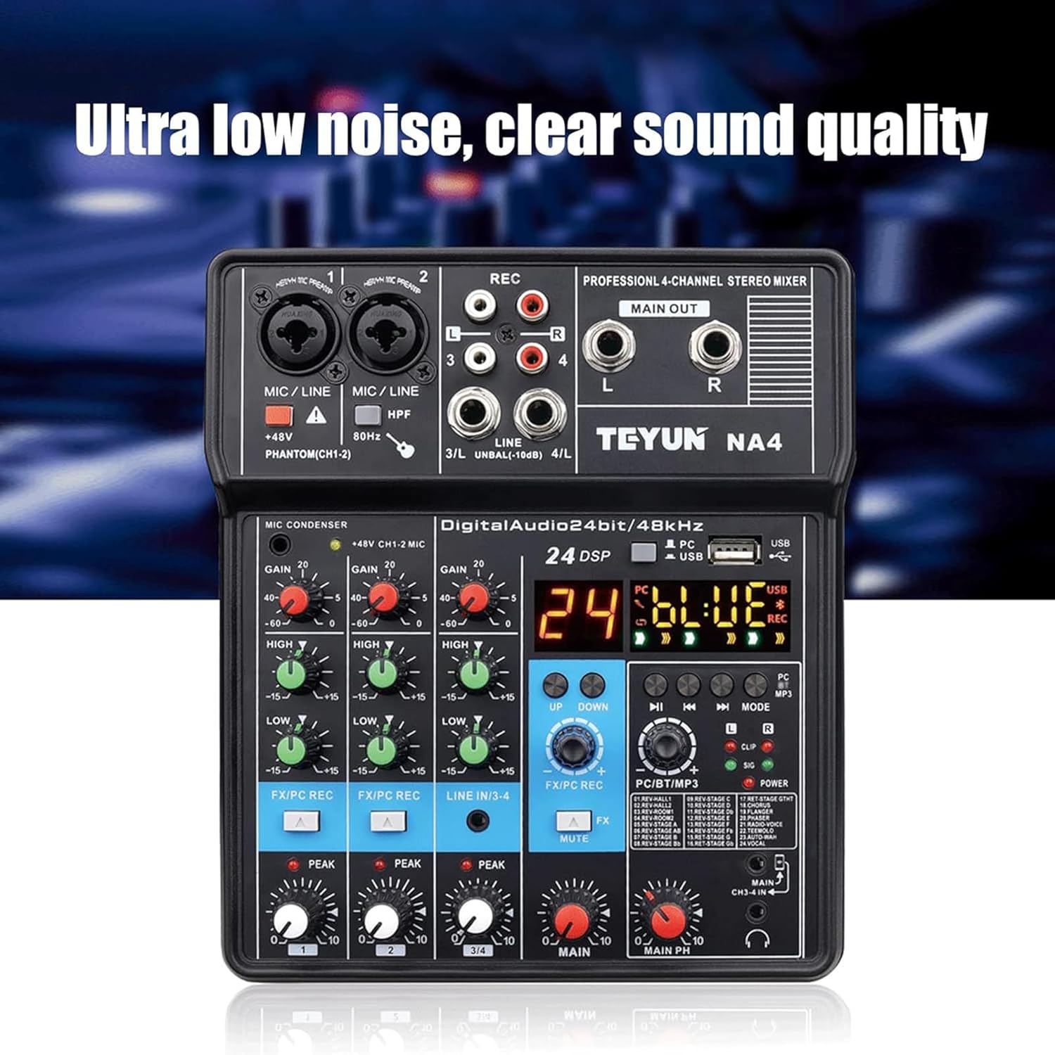 4 Channel Mixing Console Audio Mixer Bluetooth USB MP3 Live Studio Mixer with Sound Card and Built-in 48V Phantom Power Stereo DJ Studio Streaming - Image 2