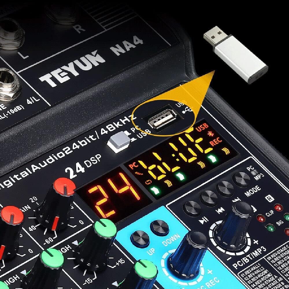 4 Channel Mixing Console Audio Mixer Bluetooth USB MP3 Live Studio Mixer with Sound Card and Built-in 48V Phantom Power Stereo DJ Studio Streaming - Image 5