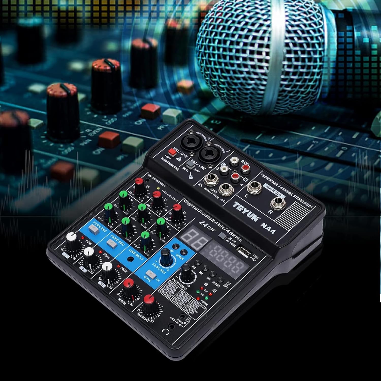 4 Channel Mixing Console Audio Mixer Bluetooth USB MP3 Live Studio Mixer with Sound Card and Built-in 48V Phantom Power Stereo DJ Studio Streaming - Image 7