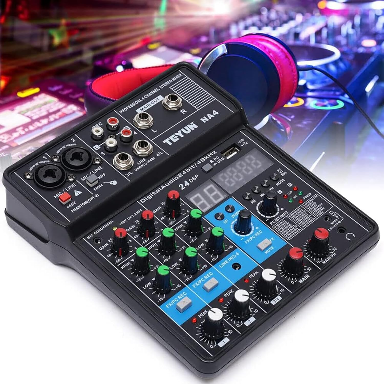 4 Channel Mixing Console Audio Mixer Bluetooth USB MP3 Live Studio Mixer with Sound Card and Built-in 48V Phantom Power Stereo DJ Studio Streaming - Image 8