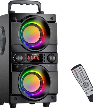 60W (80W Peak) Portable Bluetooth Speaker with Double Subwoofer Heavy Bass, Bluetooth 5.0 Wireless 100ft Outdoor Speaker, Support FM Radio, LED Colorful Lights, Stereo Sound, for Home, Party, Travel