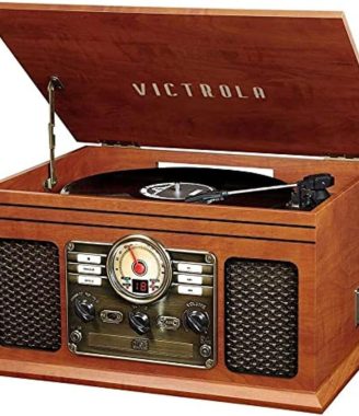 Victrola The Quincy 6-in-1 Bluetooth Record Player & Multimedia Center with Built-in Speakers – 3-Speed Turntable, CD & Cassette Player, AM/FM Radio, Wireless Music Streaming (Mahogony)